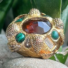 Alexis Bittar Statement Ring With Malachite And Beautiful Reddish Brown Centerstone As Well As Rhinestones With A Leaf Motif Some Of The Gold Is Worn Off In The Back But Not Noticeable When Warm Alexis Bittar Jewelry, Leaf Motif, 6 Rings, Ring Color, Reddish Brown, Alexis Bittar, The Gold, Womens Jewelry Rings, Statement Ring