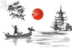 an ink drawing of two people on a boat in front of pagodas and trees