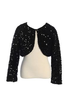 Girls Black Sparkle Sequin Long Sleeve Velvet Bolero 2-14 front SophiasStyle.com Winter Party Fitted Shrug, Winter Party Black Shrug, Black Winter Party Shrug, Black Shrug For Fall Party, Black Long Sleeve Shrug For Party, Black Evening Shrug For Winter, Velvet Bolero, Bolero Black, Tiered Tulle Skirt