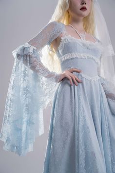 White goth bell sleeves lace shrug. Dress not included.   	 		 			Size 			S 			M 			L 		 		 			Full Length 			21 			22 			23 		 		 			Bust 			88 			92 			96 		 		 			Shoulders 			37 			38 			39 		 		 			Sleeve Length 			83 			84 			85 Blue Lace Dresses, Pastel Goth Dress, White Goth, Lace Shrug, Shrug For Dresses, Goth Dress, Lace Blue Dress, Bell Sleeve Dress, Wide Sleeves