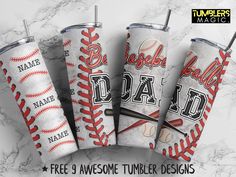 three tumblers with baseballs and bats on them for dad's day, free 3 awesome tumbler designs