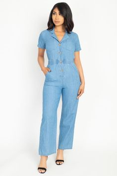 Nothing says comfort and style like this Denim Jumpsuit for women. Features 4 large front buttons, two chest pockets, two waist pockets and an elasticized waist. Perfect for dress down day at the office or just a regular day out for a stylish woman. Pair with your flat or kitten heel sandals to complete the look of comfort. Material: CottonSleeve Length: ShortNeckline: V NeckClosure: Front ButtonsElasticity: Low ElasticityPattern: None/SolidTrouser Shape: WideHemline: AnkleEmbellishments: Button Dress Down Day, Shopping Design, Sleeveless Jumpsuits, Dress Outfit, Denim Jumpsuit, Light Wash Denim, Dressed Down, Jumpsuits For Women, Chic Style