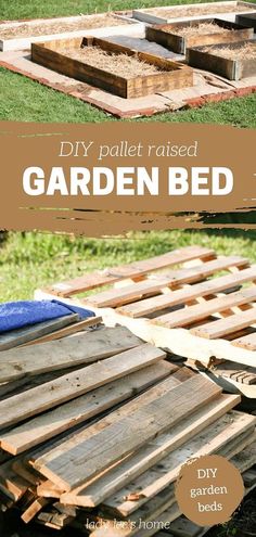 diy pallet raised garden bed made out of old wooden pallets with text overlay that says diy pallet raised garden bed