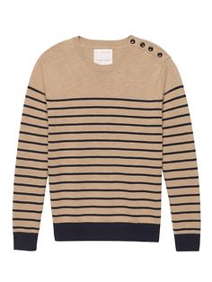 Heritage Mariner Stripe Cotton Button-Shoulder Crew Cotton Sweater With Button Cuffs For Layering, Cotton Crew Neck Sweater With Buttons, Crew Neck Cotton Sweater With Buttons, Cotton Crew Neck Sweater With Button Closure, Premium Striped Cotton Sweater, Retro Striped Crew Neck Sweater, Marine Stripe Sweater, Luxury Horizontal Striped Sweater, Luxury Striped Crew Neck T-shirt