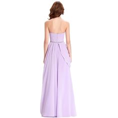 Purple Lavender Long Chiffon Floor Length Bridesmaid Dress         Dress Fabric   Composite Filament Chiffon     Dress Color   (As pictures show)     Dress Length   Full-Length     Sleeve Length   None     Dress Closure   Zipper(Back)     Dress Embellishment   Rhinestones Chain     Dress Elasticity   None     Built-in Chest Pads   Yes     Dress Features     	Strapless  	Sweetheart neckline  	Pleated bodice  	Concealed zipper in the back  	Rhinestones chain decorate waist  	Dress has lining Purple Chiffon Dress For Banquets, Purple Floor-length Bridesmaid Dress For Prom, Elegant Floor-length Purple Bridesmaid Dress For Prom, Floor-length Purple Bridesmaid Dress For Prom, Purple Chiffon Prom Dress, Sleeveless Purple Chiffon Dress For Wedding, Purple Chiffon Bridesmaid Dress For Party, Purple Chiffon Wedding Dress, Purple Chiffon Dress For Wedding