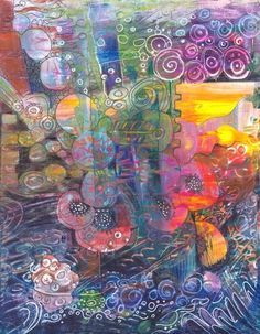 an abstract painting with lots of different colors and shapes on it's surface, including circles