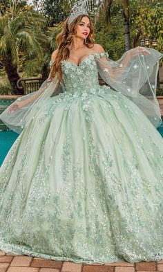 Dancing Queen 1819 - Illusion Sleeve Floral Ballgown Princess And The Frog Dresses, Quinceanera Dresses Fairy, Sage Green Quinceanera Dresses, Sage Green Quinceanera, Tiana Wedding, Floral Ballgown, Cotillion Dresses, Green Quinceanera Dresses, Embroidered Embellishments