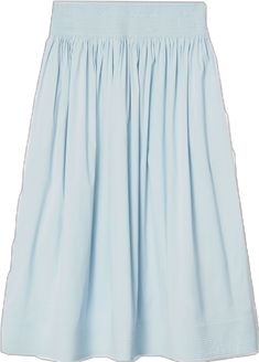 Blue Cotton Bottoms With Pleated Waist, Light Blue Cotton Tiered Skirt, Casual Blue Skirt With Smocked Bodice, Light Blue Tiered Cotton Skirt, Knee-length Skirt With Gathered Waist, Knee-length Skirt With Gathered Waist For Summer, Summer Knee-length Skirt With Gathered Waist, Light Blue Pleated Summer Skirt, Light Blue Pleated Skirt For Summer