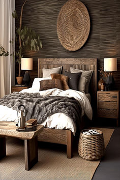 Warm and rustic bedroom with wooden furnishings, ideal for men looking for budget-friendly decor. Bed Room, Bedroom Ideas, Lamps, Bedroom, Bed, Design