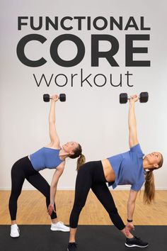 two women doing exercises with dumbbells in front of a functional core sign