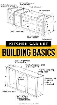 the kitchen cabinet building basics book is shown in black and yellow, with instructions for how to