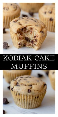 chocolate chip muffins with the words kodiak cake muffins above them