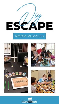 the escape room puzzles book is open and has pictures of children playing with their toys