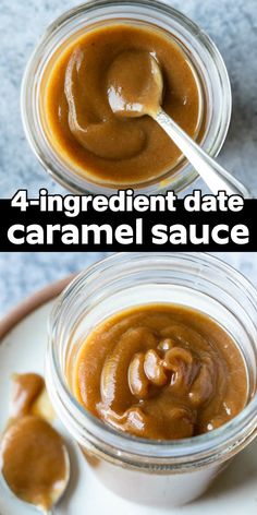 four different views of caramel sauce in jars