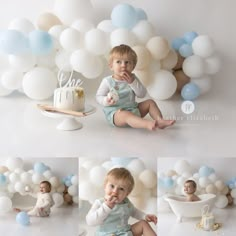 a baby sitting on the floor in front of balloons and cake with his hands up to his mouth