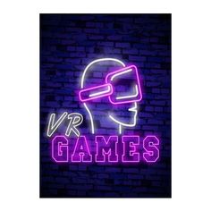 the vr games neon sign on a brick wall with a man's head and glasses