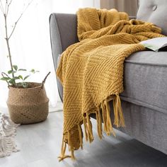 a couch with a blanket on top of it next to a potted plant