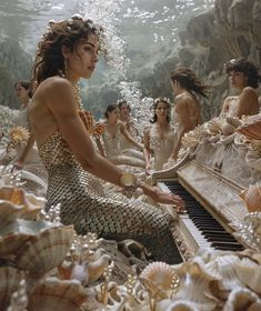 a group of women dressed in mermaid costumes sitting around a piano surrounded by seashells