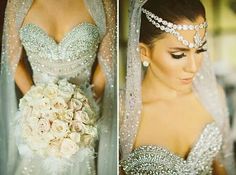 two pictures of a bride in her wedding dress and the same one with flowers on it