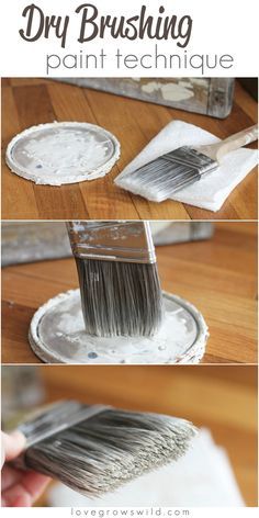 the steps to painting a white plate with paintbrushes on it and text overlay that reads, diy brushing paint technique