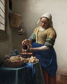 a painting of a woman pouring something into a bowl on top of a table with bread