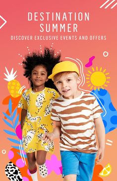 two young children walking together with the caption destination summer discovery exclusively events and offers