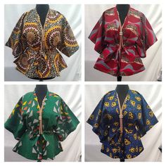 Stylish handmade Ankara kimono top with detachable belt to snatch the waistline. Can be worn casually, or to a semi formal event. You can wear it on its own during the summer, with a vest or high-neck jumper during the winter. You can even add your favourite accessories to jazz it up. Ankara Tops Blouses Plus Size, Plus Size Ankara Blouse, Plus Size Ankara Jacket, Kimono Collarless Jacket, Ankara Ladies Shirts, Ankara Tops Plus Size, Ankara Tops With Jeans, Kimono Ankara, Ankara Kimono