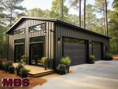 a two car garage is shown in front of trees