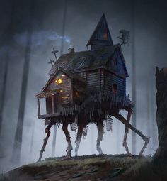 a painting of a house on stilts in the middle of a foggy forest