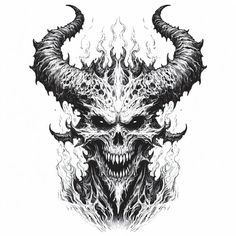 a black and white drawing of a demon head with flames on it's face