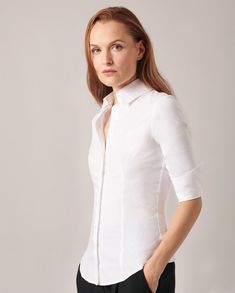 Connie: 3/4 Sleeve Fitted Tailored Shirt | Anne Fontaine Elegant Stretch Shirt For Office Wear, Classic Stretch Tops For Business Casual, Classic Fitted Office Top, Modern Slim Fit Button-up Tops, Stretch Button-up Office Top, Classic Fitted Top For Business Casual, Modern Fitted Blouse For Business Casual, Slim Fit Button-up Office Top, Slim Fit Button-up Top For Office