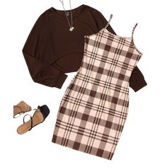 Shein High Low Hem Tee & Plaid Cami Dress In Brown, Size S New With Tags. In Excellent Condition. Original Price $20.00. Cross Top Dress, Brown Cami, White Skater Skirt, Blue Ruffle Dress, Mesh Overlay Dress, Dresses Shein, Swiss Dot Dress, Black Skater Dress, Split Hem Dress