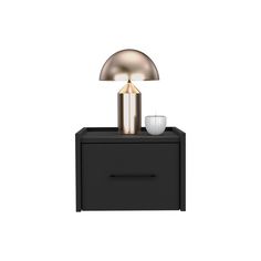 a black nightstand with a gold lamp on top