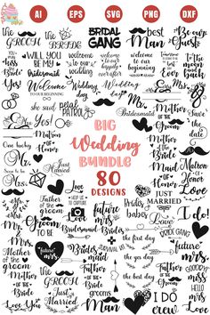 the big wedding bundle is shown in red, black and white with different font styles