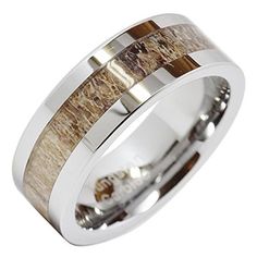 men's wedding band with deer antler inlay and white gold plated center