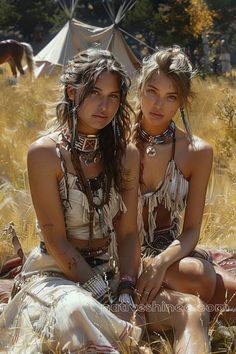 two young women sitting next to each other on a field with horses in the background