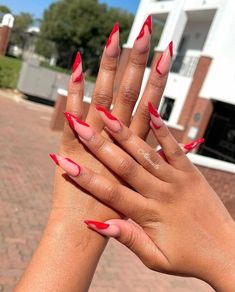 #fashion #aesthetic #nailsofinstagram Red Nails Accent Nail, Cute Pink And Red Nails, Candy Apple Red Nails Design, Red Design Nails Acrylic, Classy Red Nails Design, Red Nail Styles, Nude And Red Acrylic Nails, Nail Inspo Extra, Nails With Red Design