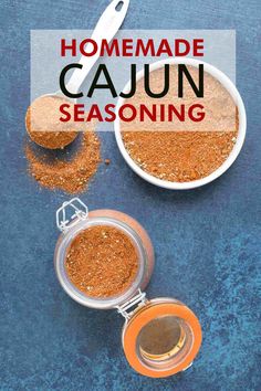 homemade cajun seasoning in two bowls with spoons on the side and title overlay that reads homemade cajun seasoning