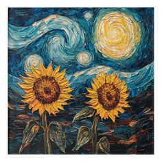 two sunflowers in front of a starry night