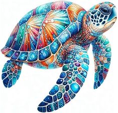 a painting of a sea turtle with colorful patterns on it's body and head