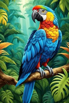 a colorful parrot sitting on a branch in the jungle