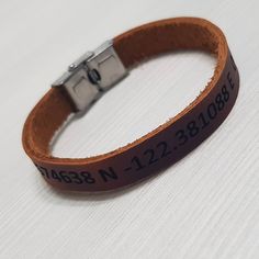 LEATHER BRACELET handmade and personalized with internal and external engraving. A unique bracelet, made to order for you with the name, initials, phrase or whatever you prefer. Great gift idea for him and for her, for Valentine's Day, birthday, anniversary and all special dates. Engrave the phrase of his favorite song, the verse of a poem, a dedication, a date, the coordinates of your place of the heart, will be a unique and unforgettable gift, suitable for men and women. Each bracelet is handm Personalized Leather Bracelet, Message Bracelet, Handmade Leather Bracelets, Special Symbols, Engraved Bracelet, Unique Bracelets, Personalized Leather, Men And Women, Womens Bracelets