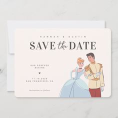 the save the date card is shown with an image of princess and prince on it