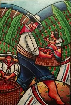 an image of a painting with people picking berries from the bush and another man holding a basket