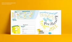 a yellow and white brochure with writing on it