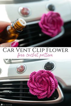 the car vent clip flower is crocheted in pink yarn