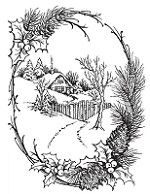 a black and white drawing of a house on a hill surrounded by pine trees, bushes and snow