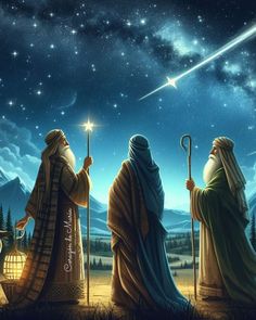 three wise men are looking at the stars in the night sky with their staffs