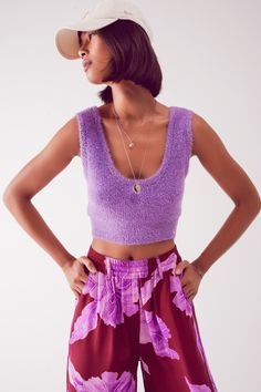 This trendy purple crop top with a Wide V-neck adds a playful touch to any outfit. Great for layering or making a statement on its own. Bodycon fit Fluffy knit Runs small. S 55% Polyamide 30% Acrylic 13% Polyester 2% Elastane Fluffy Knit, Knitted Crop Top, Purple Crop Top, Medium Purple, Sleeveless Crop Top, Knit Crop Top, Knit Crop, Sweatshirt Dress, Straight Leg Pants