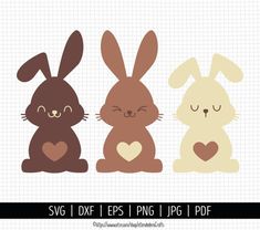 three cute rabbits with hearts on their ears, one is brown and the other is white